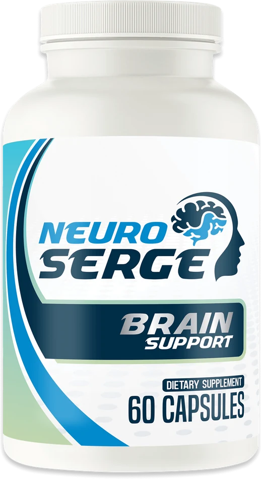 Neuro Serge Brain Support bottle with a white cap and a blue and white label showing the name and a head profile