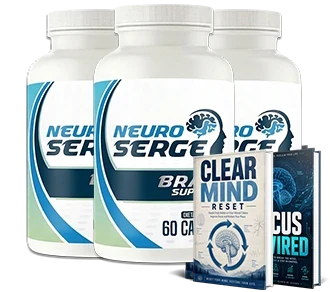 Three Neuro Serge Brain Support bottles with two bonus guide covers
